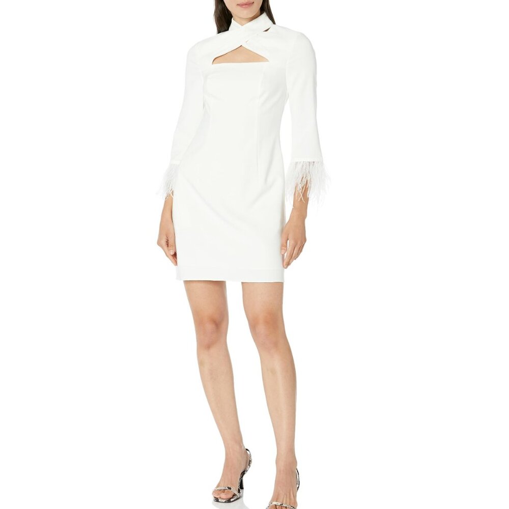 Aidan Mattox Fairy Crepe A-Line Cocktail Mini Dress With Feather Trim (Ivory) 10